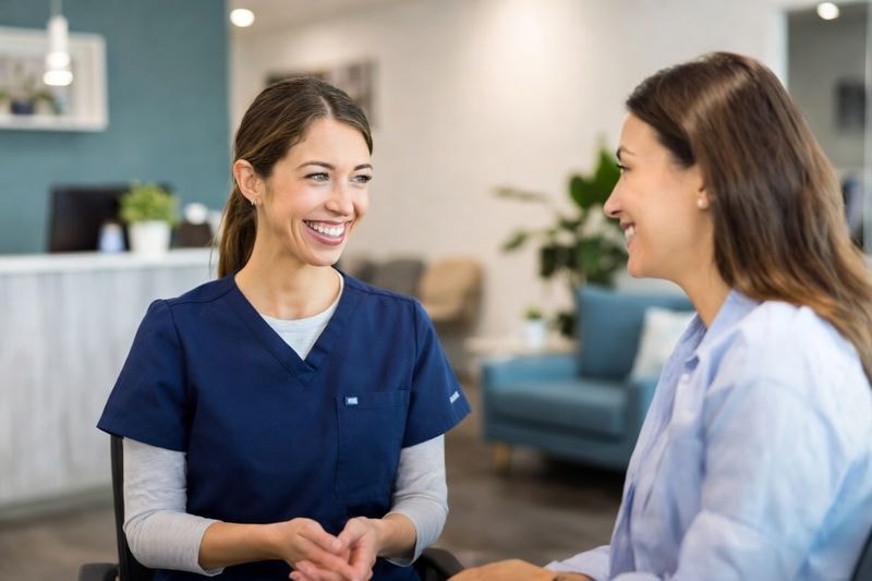 Dental team member talking with a patient