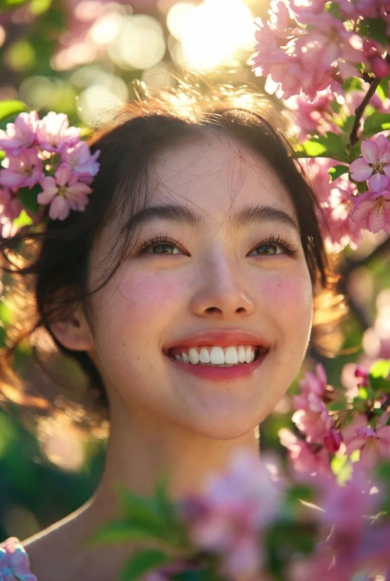 Smiling woman among pink blossoms