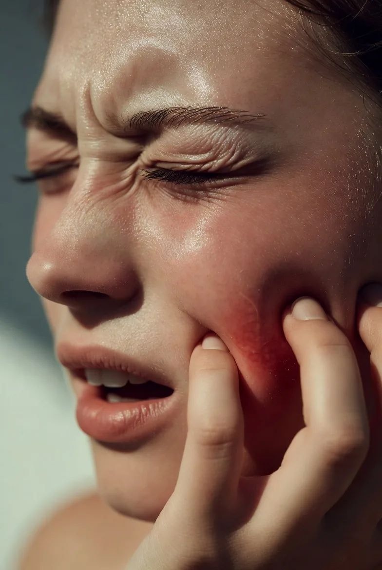 Woman holding her jaw in tooth pain