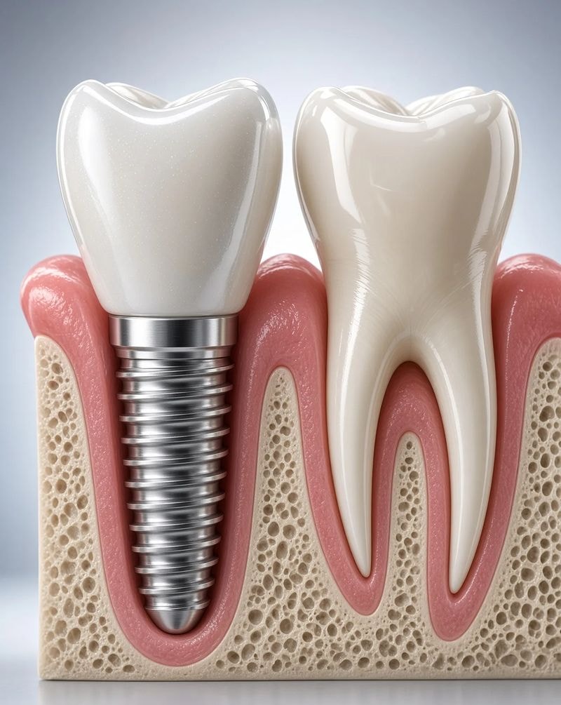 Diagram of a dental implant next to a natural tooth