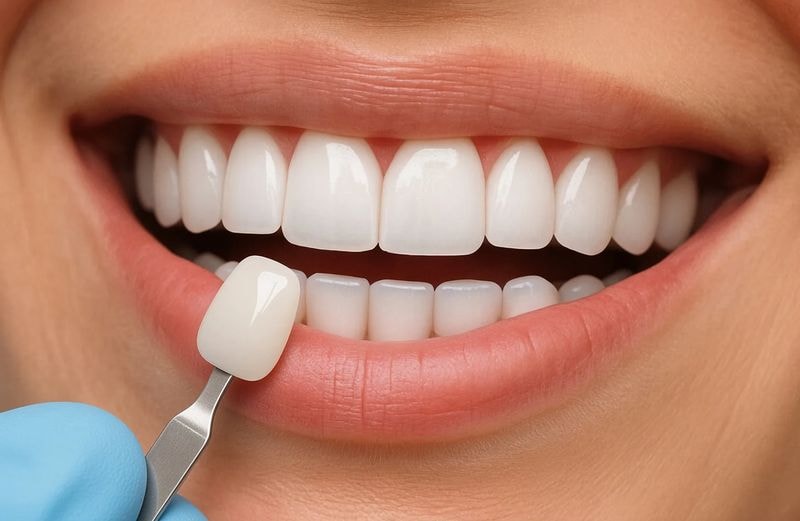 Porcelain veneer held next to a smile